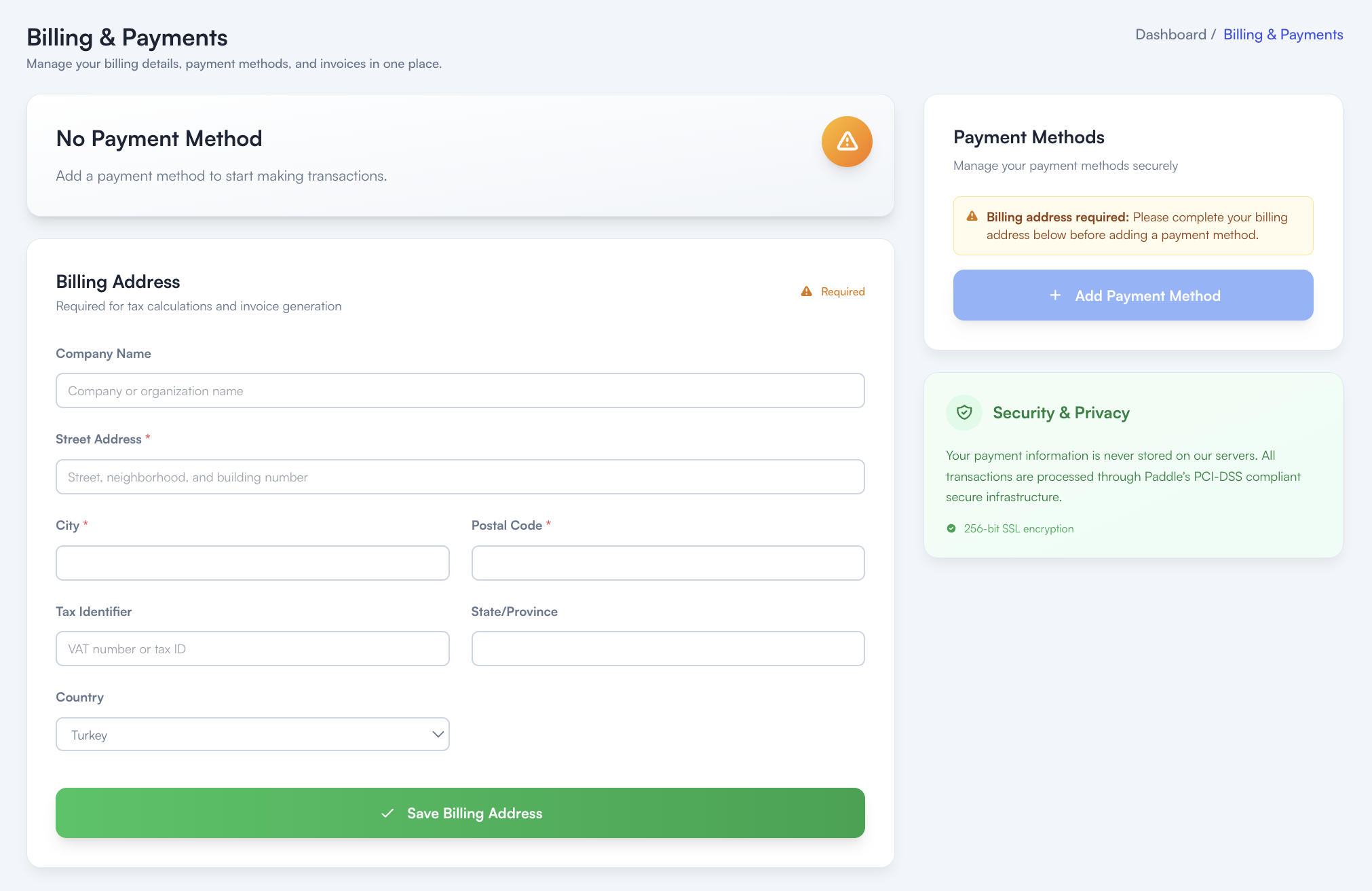 Billing address and payment method